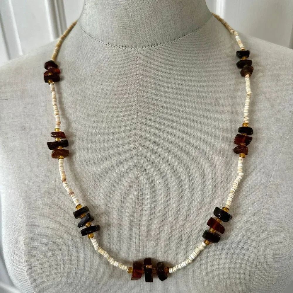 Vintage Amber & Shell Heishi Bead Necklace